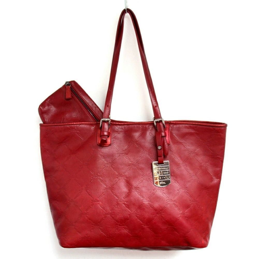 LONGCHAMP LM LOGO DEEP RED GENUINE LEATHER TOP HANDLE TOTE SHOULDER BAG HANDBAG